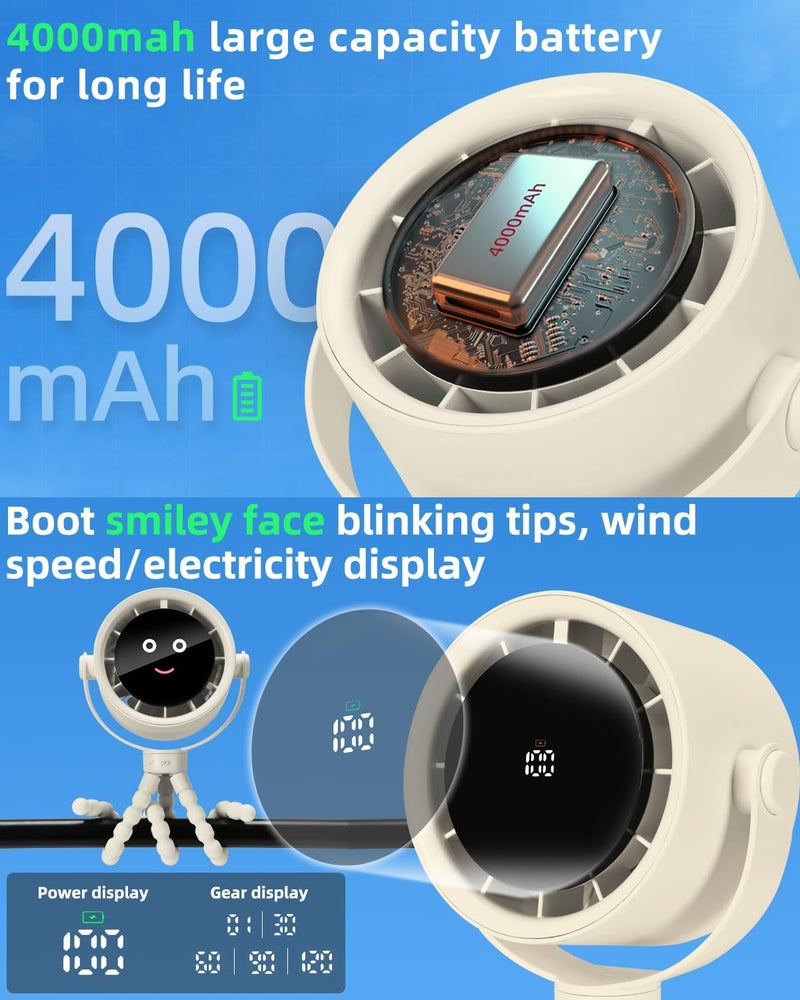 Akejrym Stroller Fan Portable, Personal Fan for Travel, Digital display, Detachable 5 Speeds Rechargeable 360° Rotate Flexible Tripod Fan, For Home Office Stroller Camping - Rice White - Image 3
